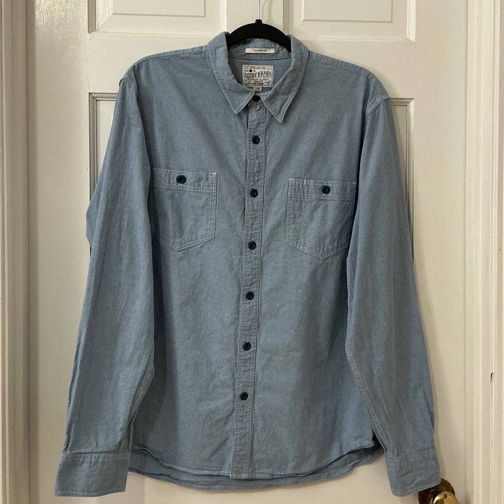Lucky Brand Classic Fit Mens Shirt L Blue Cotton Western Workwear Utility